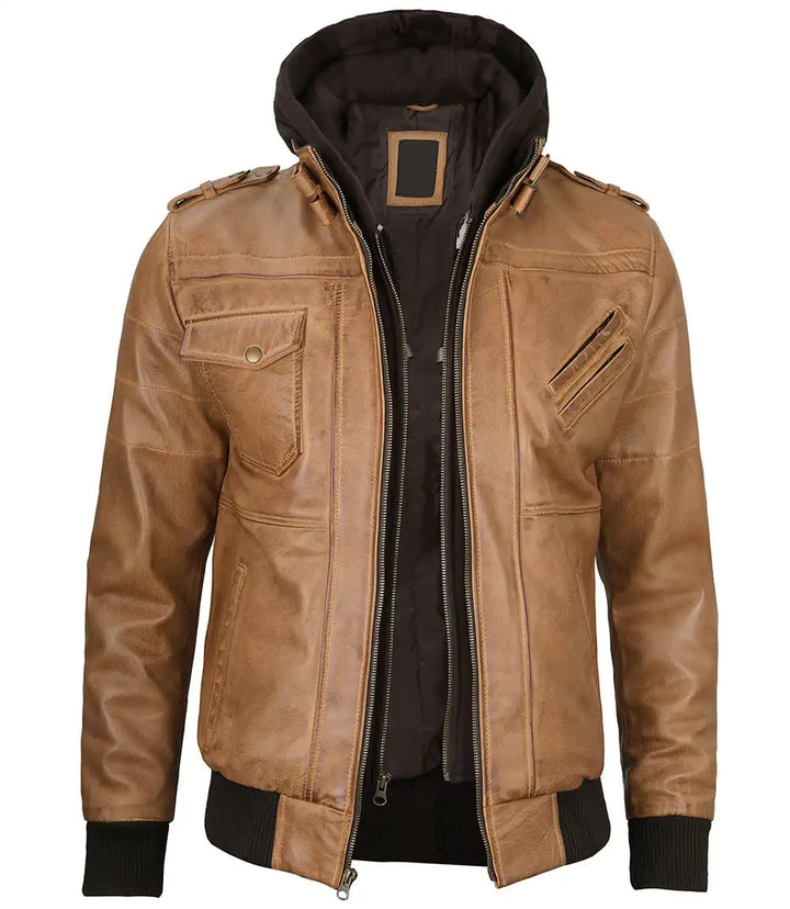 Men's Camel Brown Leather Jacket with Removable Hood in USA