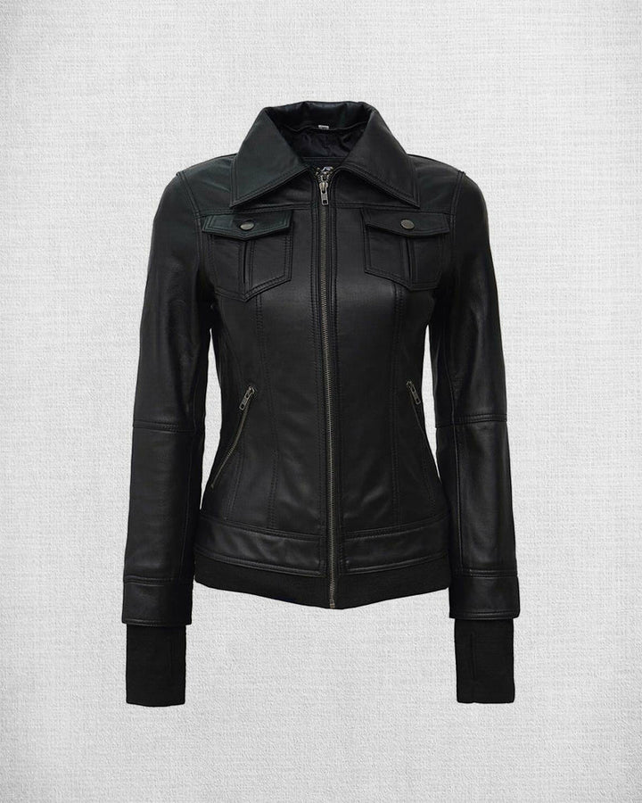 Black Leather Bomber Jacket with Hood for Women
