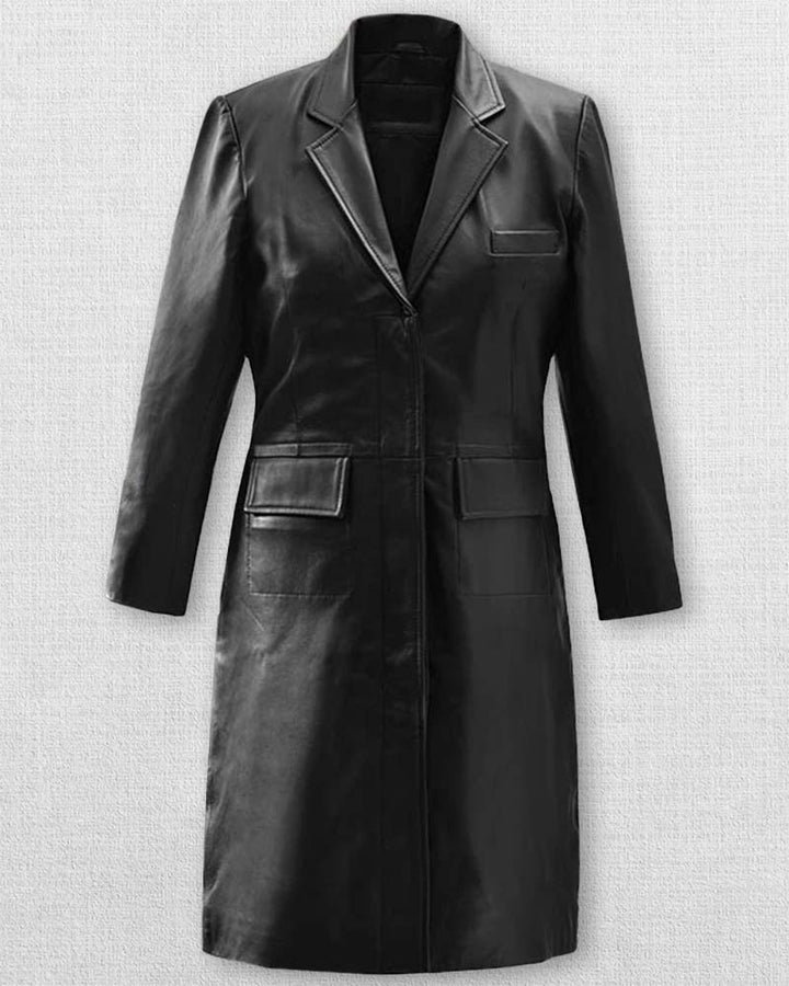 Full-length black leather coat with classic tailored lines and front pockets.