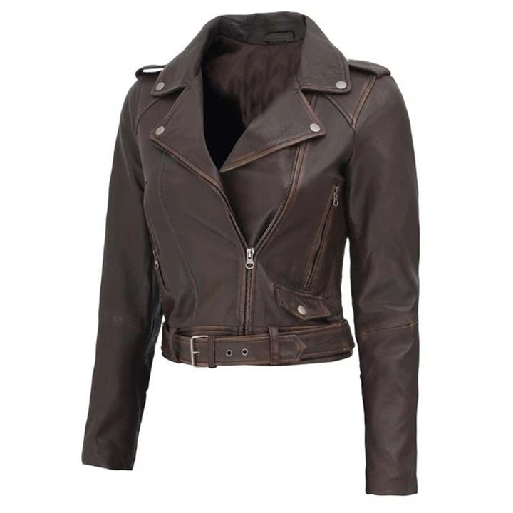 Distressed cropped leather biker jacket for women in France style