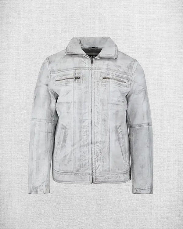 White wax leather biker jacket for men