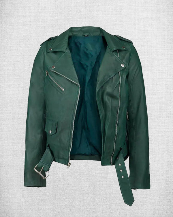 Women's Green Leather Biker Jacket
