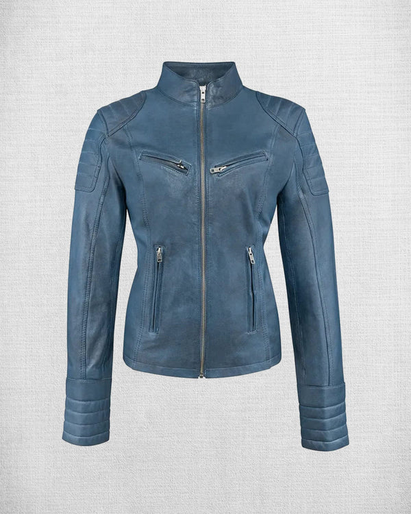 Women's Waxed Blue Leather Jacket
