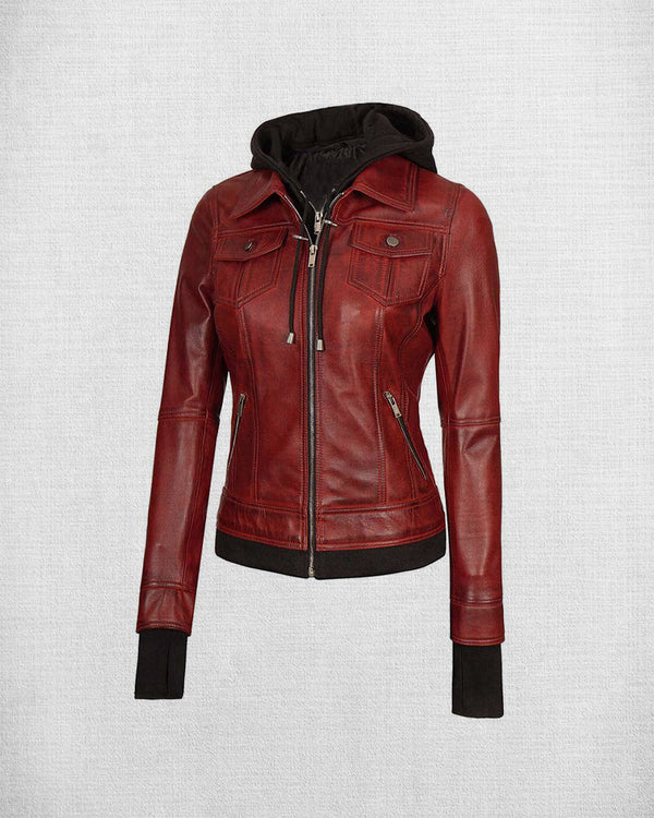 Women Stunning Brown Leather Jacket with Hood in usa