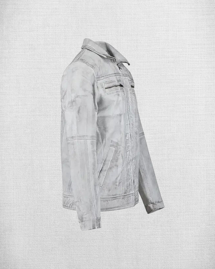 Stylish white leather motorcycle jacket