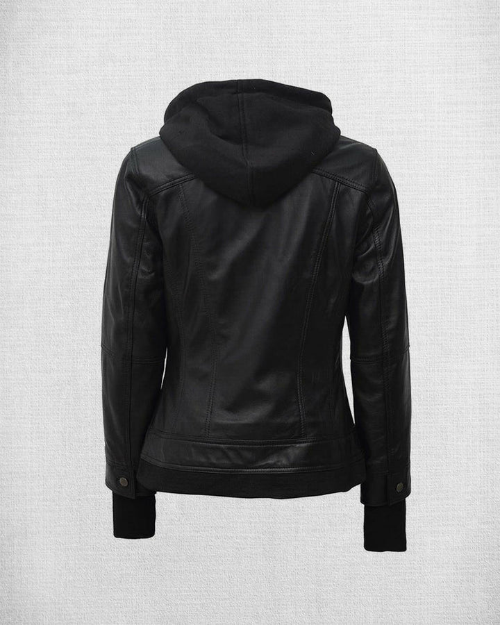 Chic Hooded Black Leather Bomber Jacket
