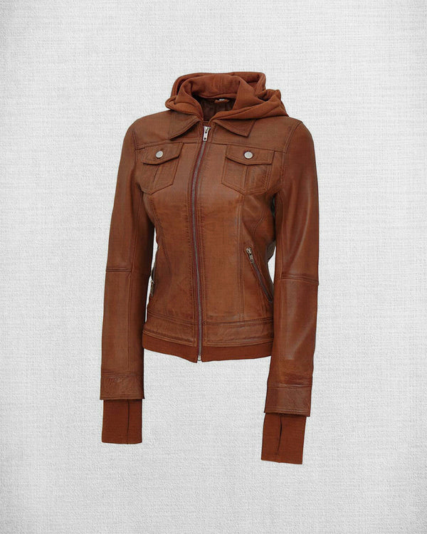 Stylish Brown Leather Bomber Jacket with Hood in usa