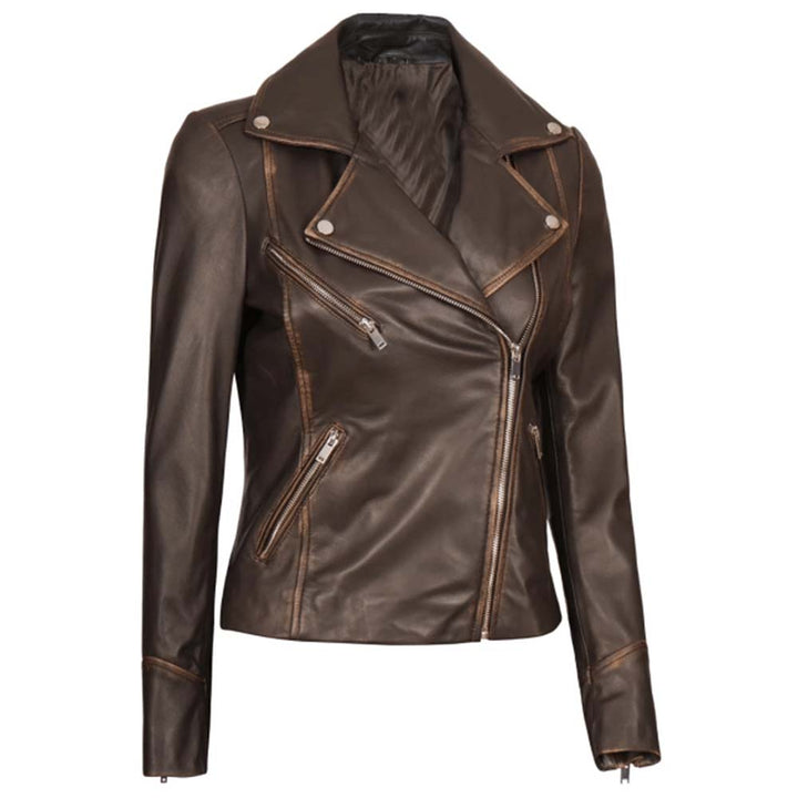 TJS women's vintage brown leather jacket in France style