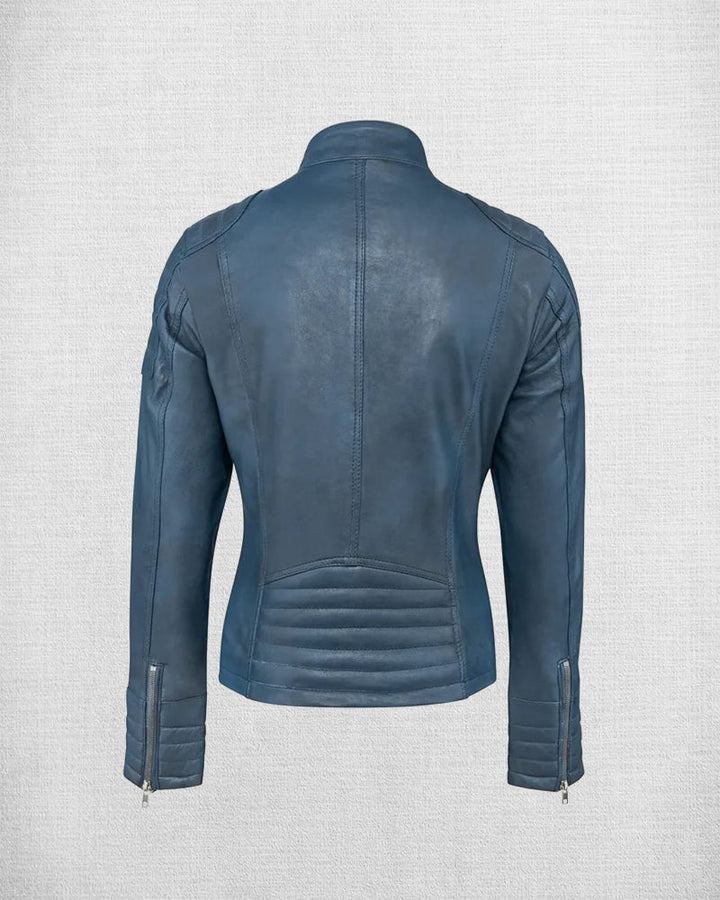 Women's Waxed Finish Blue Leather Coat
