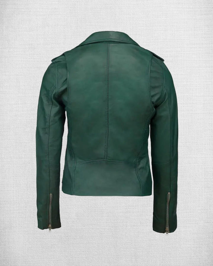 Chic Green Leather Moto Jacket for Women
