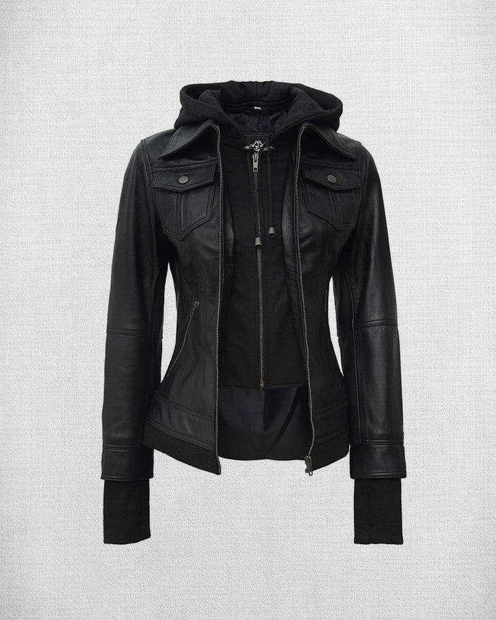 Modern Black Hooded Bomber Jacket in Leather
