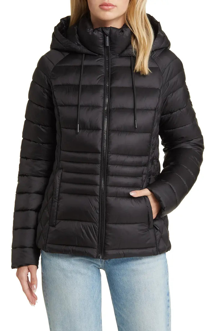 Women Lightweight Hooded Puffer Jacket front view in USA