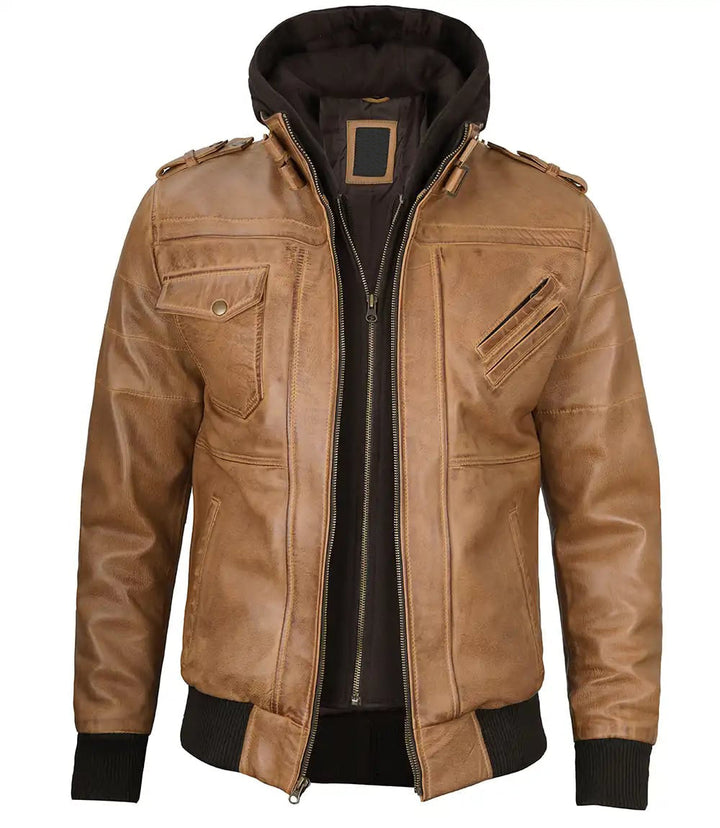 Classic Men's Camel Brown Leather Jacket with Detachable Hood in USA