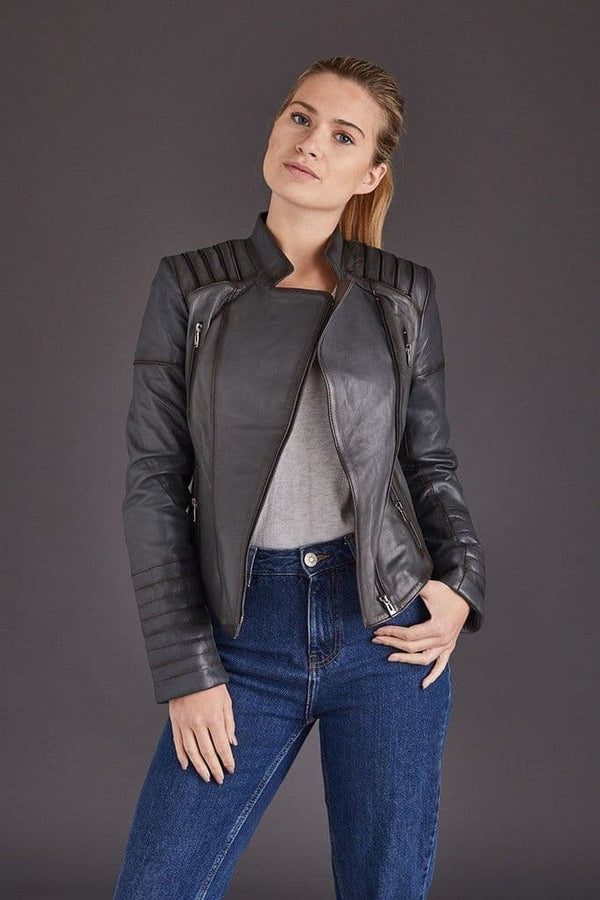 TJS Women's Gray Motorcycle Leather Jacket
