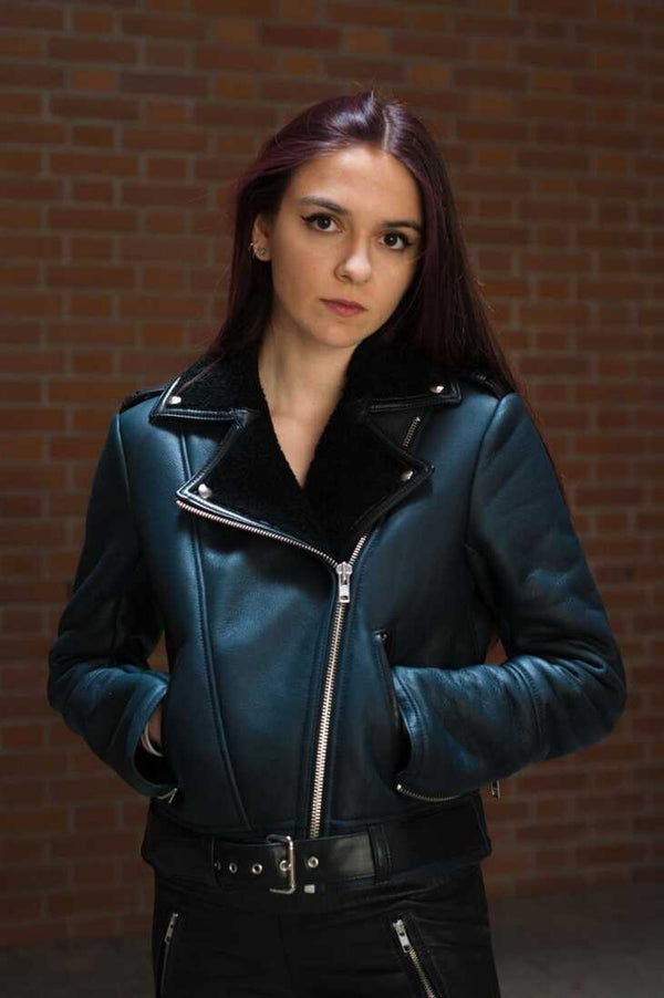 TJS Women's Faux Shearling Leather Jacket
