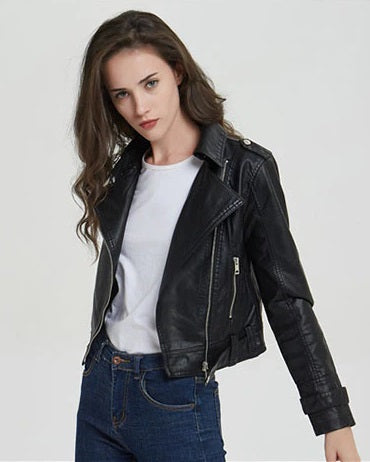 TJS Women's Short Slim Biker Leather Jacket
