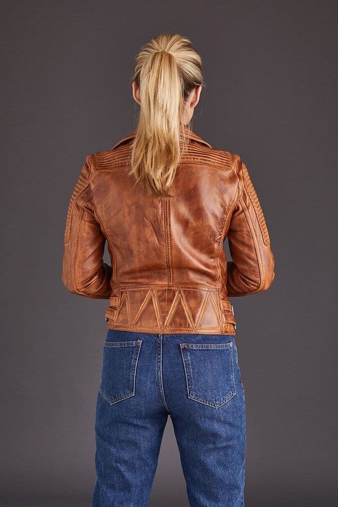 TJS Women's Fashionable Tan Leather Jacket
