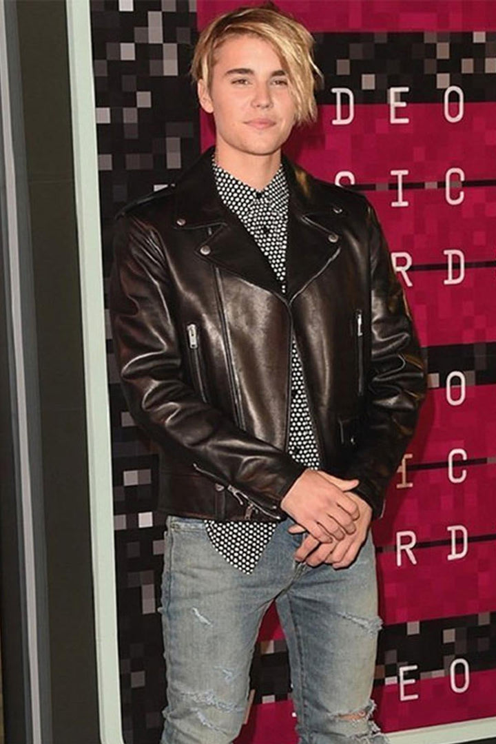 Justin Bieber black leather jacket front view in American style