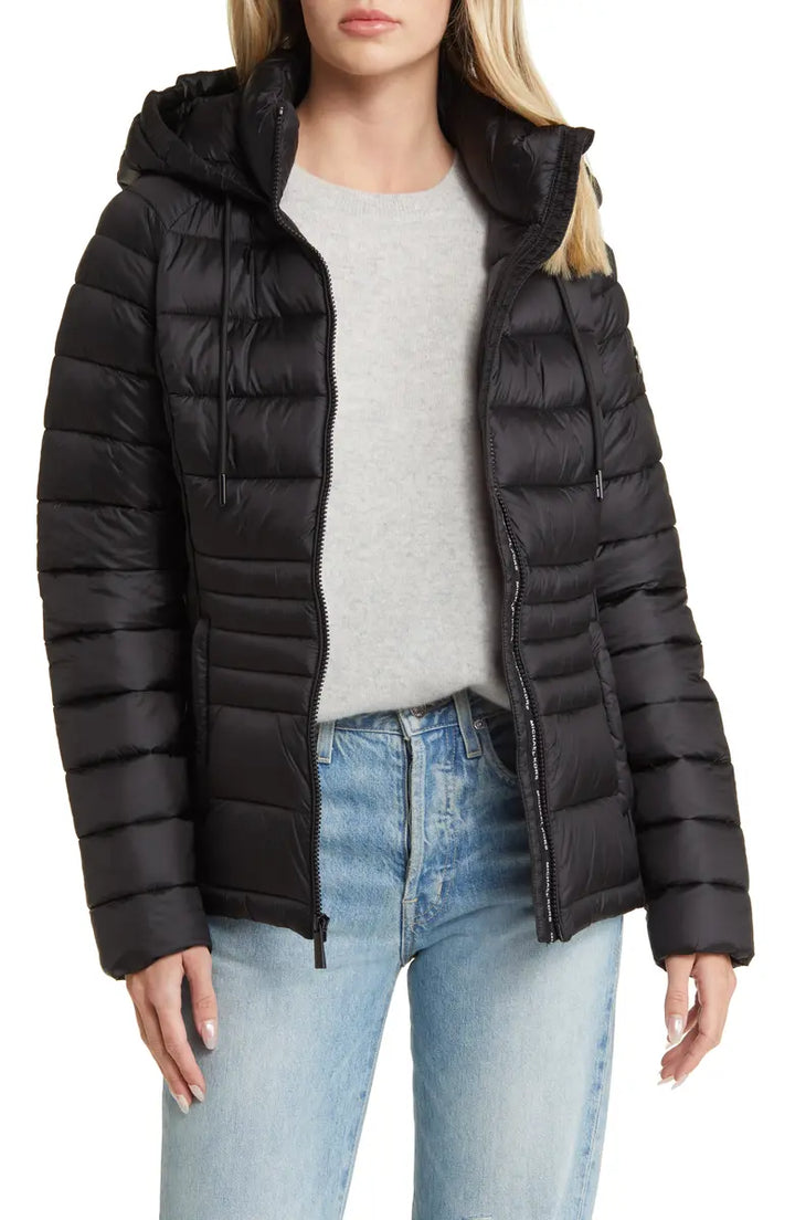 Women Lightweight Hooded Puffer Jacket back view in France style