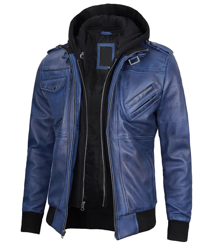 Stylish Men's Blue Leather Jacket with Removable Hood in USA