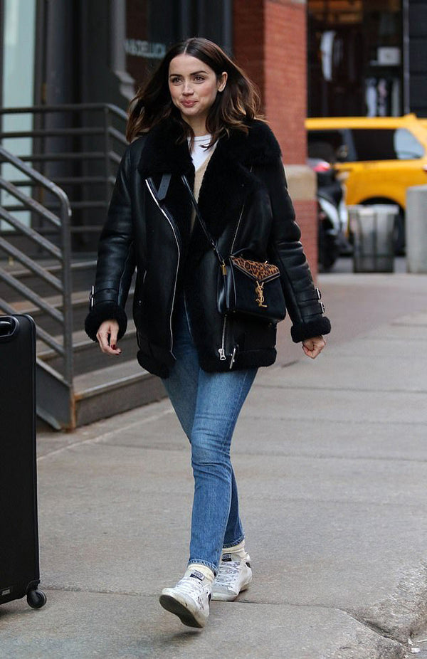 Elegant black leather jacket worn by Ana de Armas in 2023 in USA market