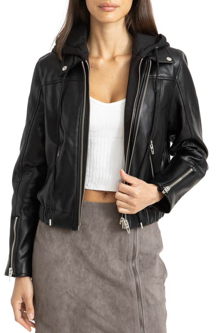 Chic Hooded Black Leather Jacket for Women by TJS
