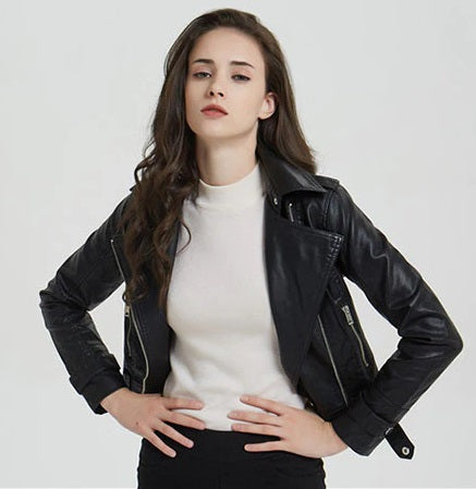 TJS Short Leather Biker Jacket for Women
