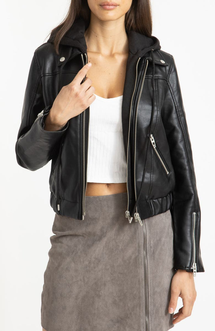 Stylish Women's Black Leather Jacket with Hood
