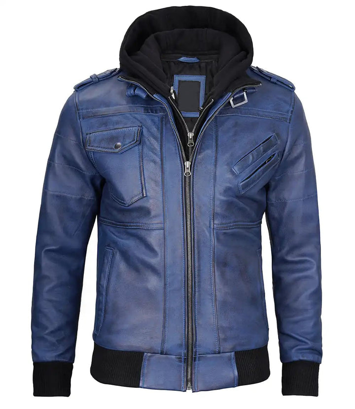 Men's Blue Leather Jacket with Detachable Hood in American style