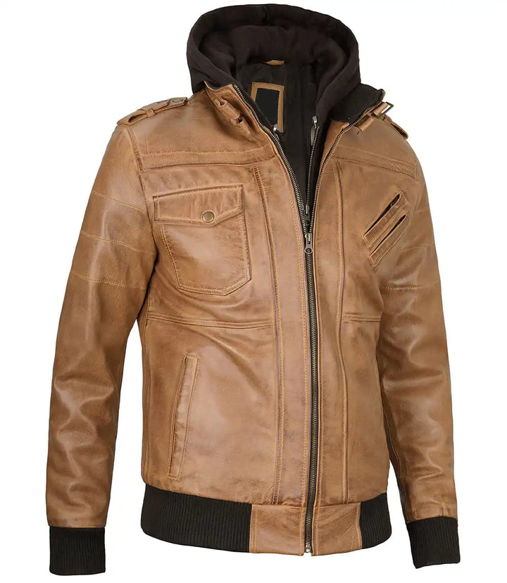 Stylish Camel Brown Leather Jacket for Men with Detachable Hood in American style