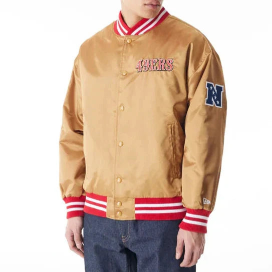 Stylish beige satin bomber jacket for 49ers fans in American style