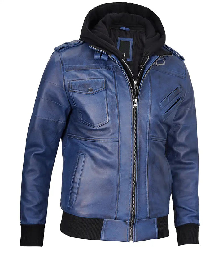 Elegant Men's Blue Leather Jacket with Removable Hood in United state market