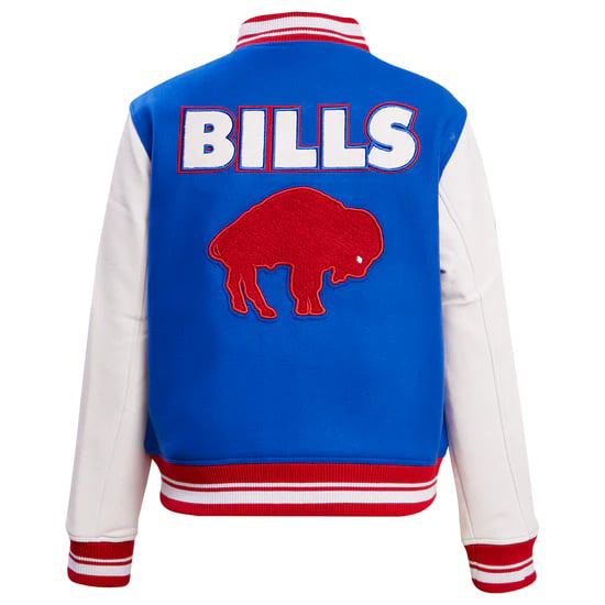 Stylish women's rib wool varsity jacket featuring Buffalo Bills logo
