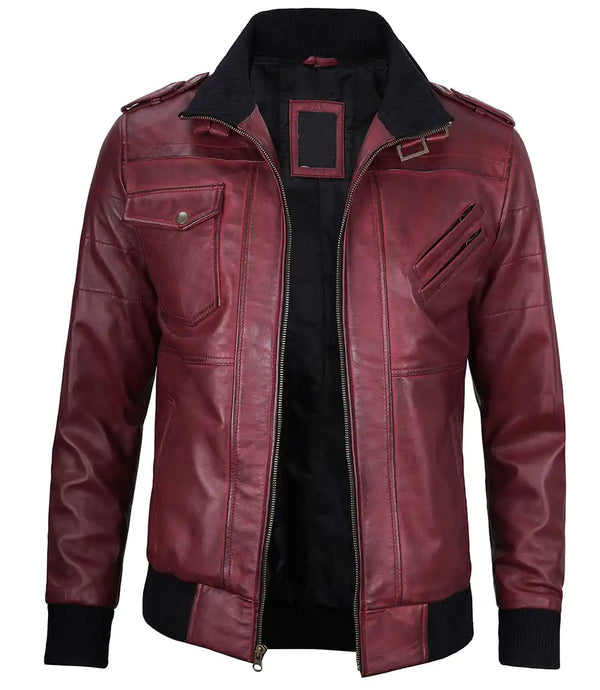 Men's Maroon Leather Jacket with Removable Hood