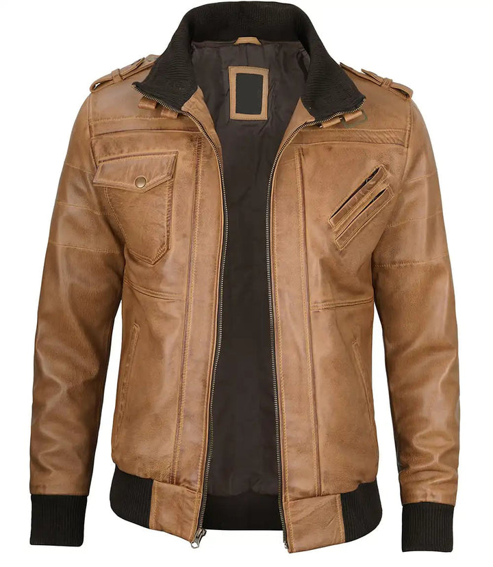 Men's Camel Brown Leather Jacket with Hood in American style