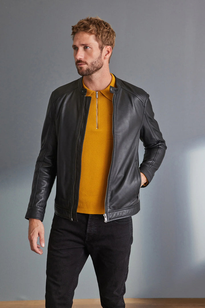 Sleek Black Signature Leather Racer Jacket in USA market