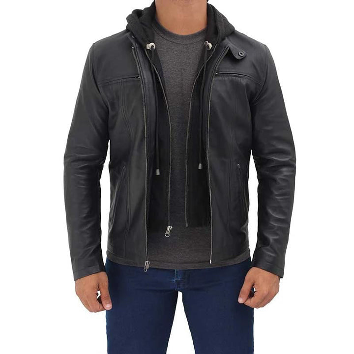 Modern men's café racer leather jacket in black