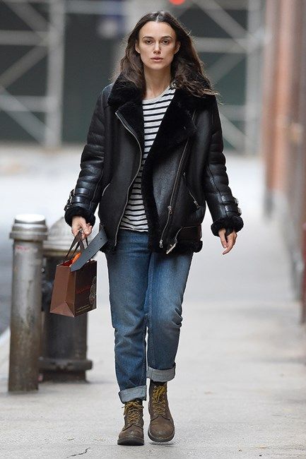 KEIRA KNIGHTLEY BLACK FAUX SHEARLING REAL LEATHER JACKET  | WOMEN CELEBRITY LEATHER JACKET