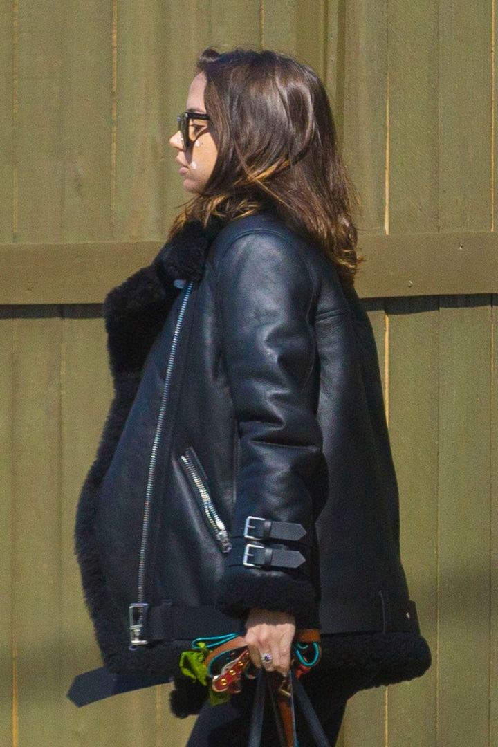 Ana de Armas's signature black fur leather jacket in France style