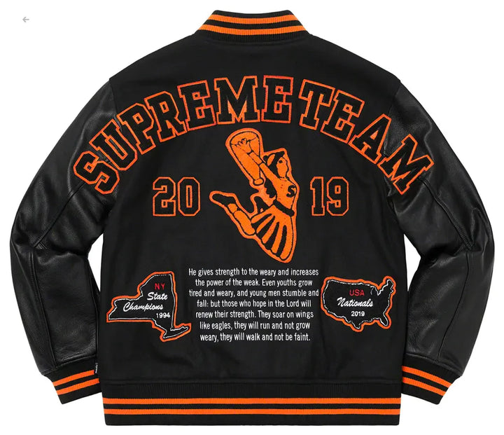 Supreme Team 2019 Varsity Jacket Black back view in France style