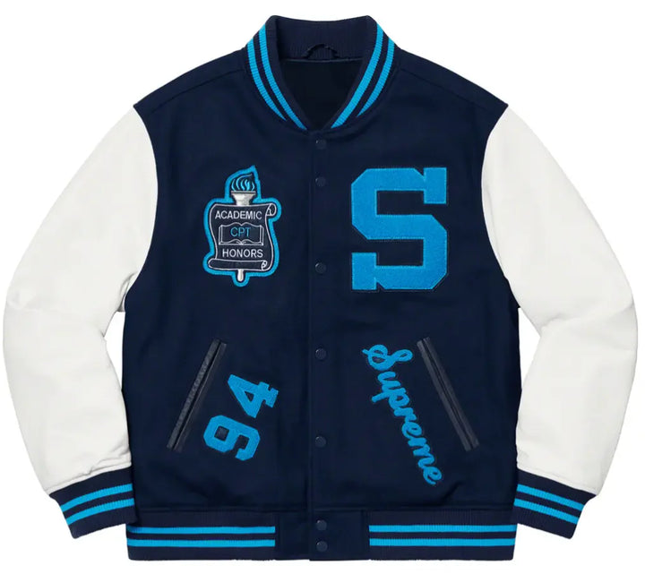 Close-up of Supreme Team 2019 Varsity Jacket Black logo in American market