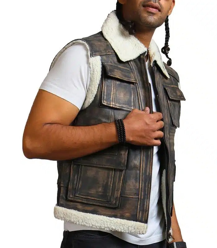 Fashionable men's distressed leather jacket in United state market