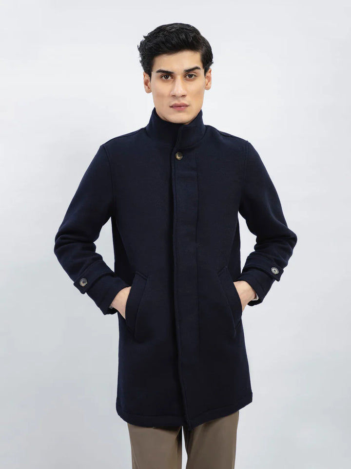 Men's trendy long wool coat in dark blue in American market