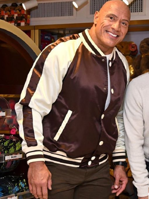 TJS Dwayne Johnson varsity jacket close-up in United state market