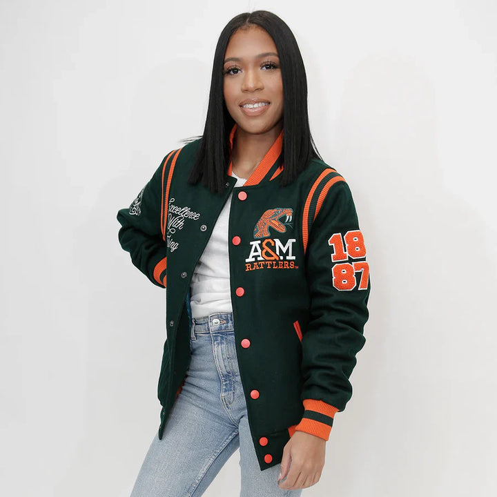 Florida A&M FAMU green and orange wool varsity jacket in USA