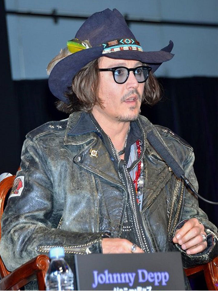 Stylish distressed black leather jacket worn by Johnny Depp in USA