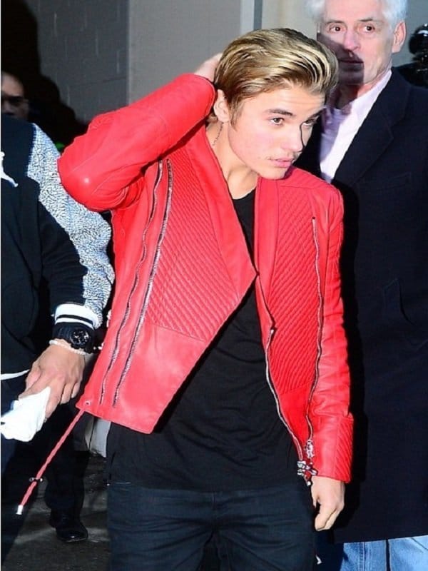 Justin Bieber red leather jacket