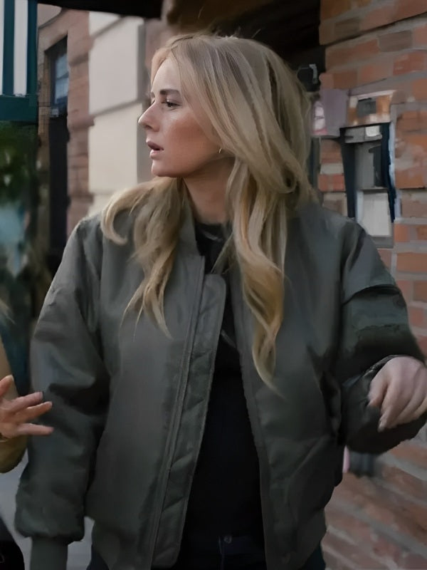Justine Lupe wearing a classic bomber jacket in France style