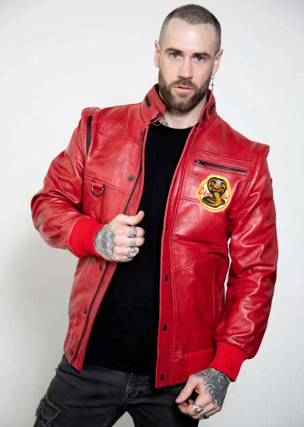 Cobra Kai Jacket | Cobra Kai Bomber Leather Jacket | Johnny Lawrence Red Karate Kid Cobra Kai Leather Jacket