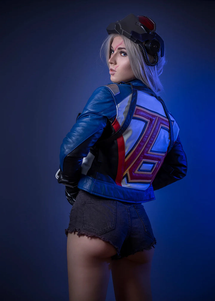 Women's Soldier 76 Blue Leather Jacket front view in USA